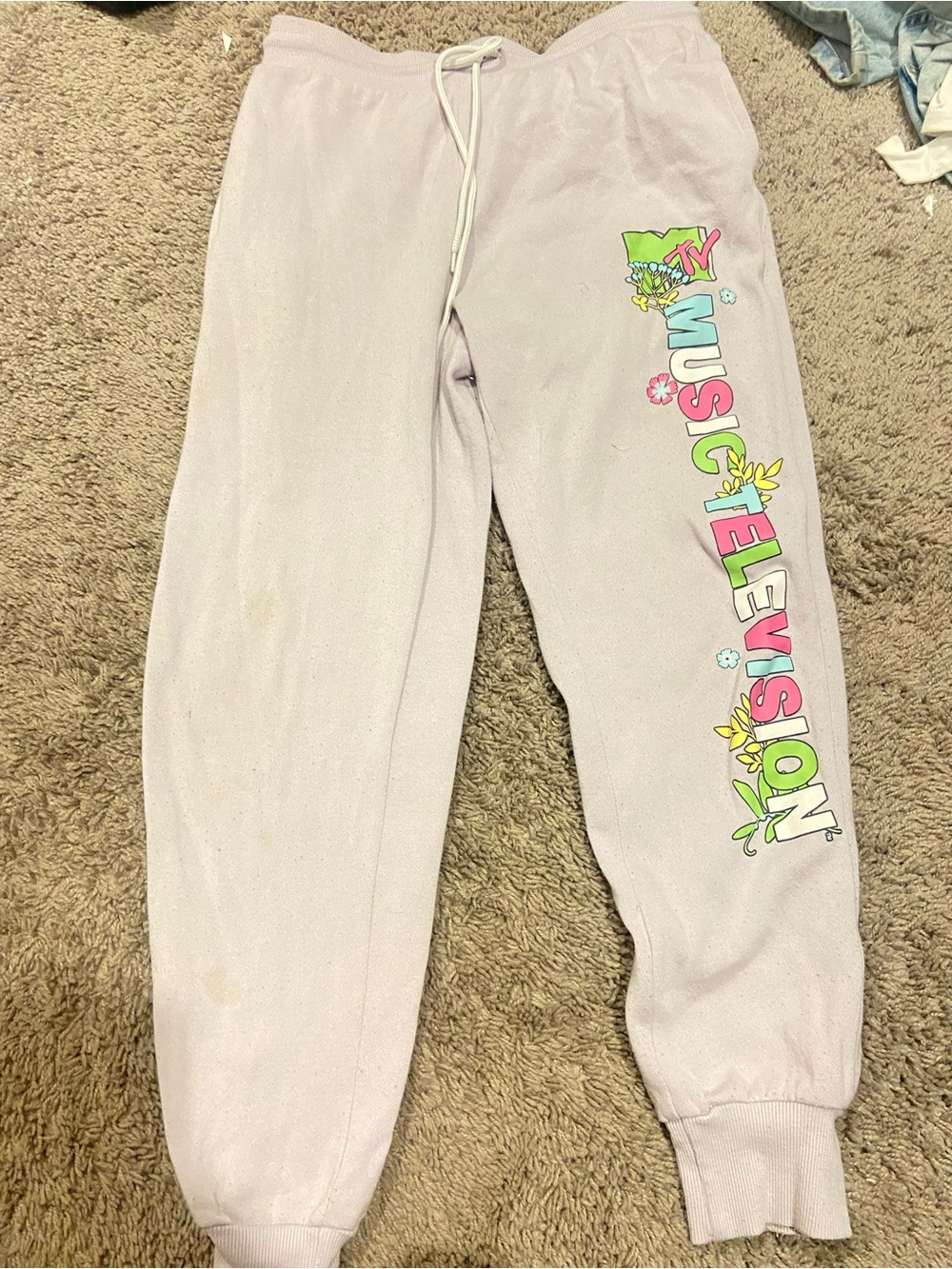 MTV Lilac Sweatpants with Multicolor 'Music Television' Side Graphic